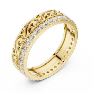 Three-quarter-view: Round Diamond Ring with Pave Setting in 14k Yellow Gold - Lab Grown - Driona Jewels