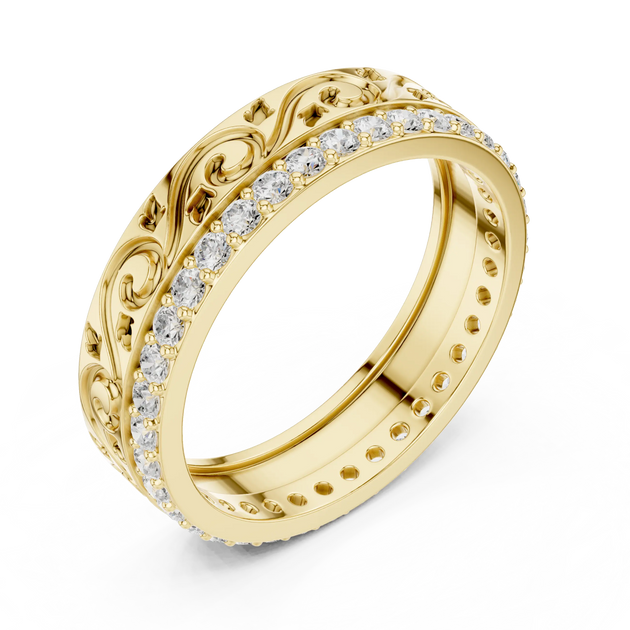 Three-quarter-view: Round Diamond Ring with Pave Setting in 14k Yellow Gold - Lab Grown - Driona Jewels