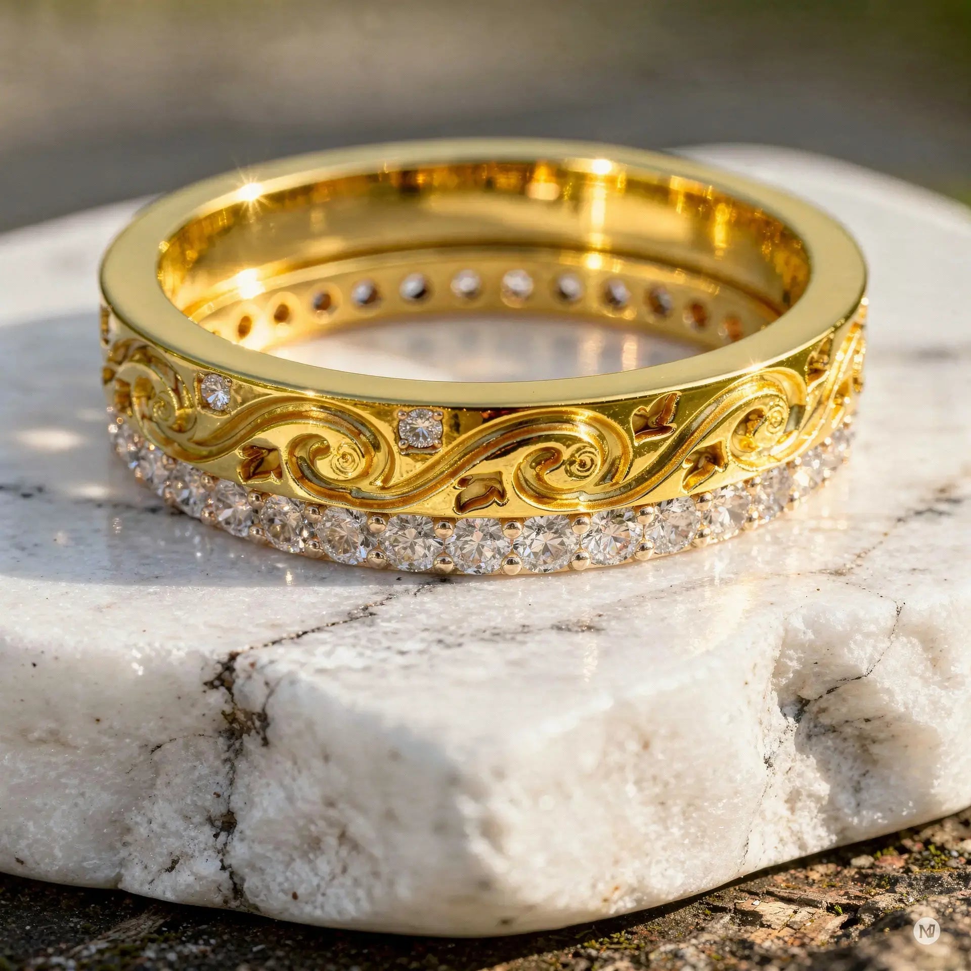Three-quarter-view: Round Diamond Ring with Pave Setting in 14k Yellow Gold - Lab Grown - Driona Jewels