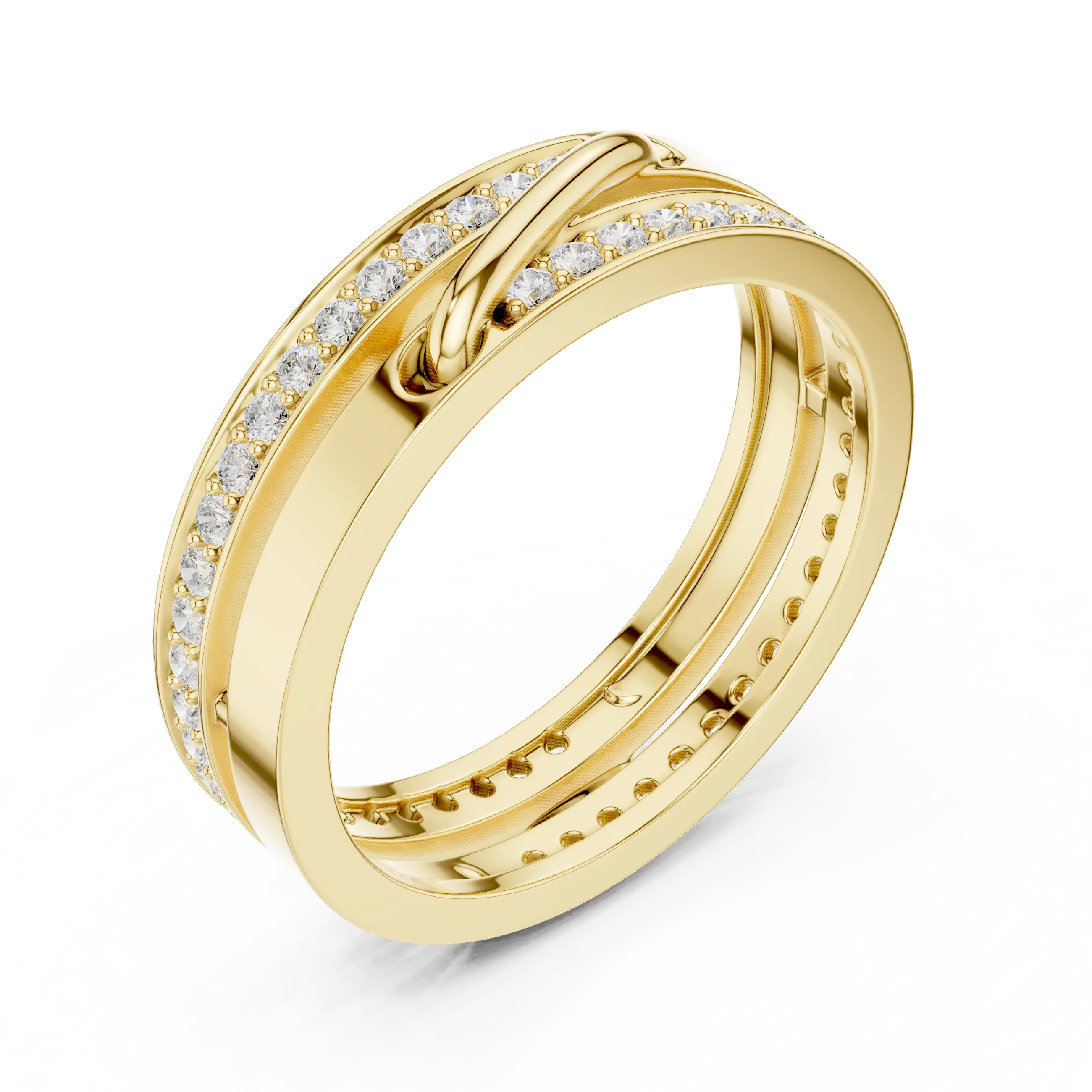 Three-quarter-view: Round Diamond Ring with Pave Setting in 14k Yellow Gold - Lab Grown - Driona Jewels