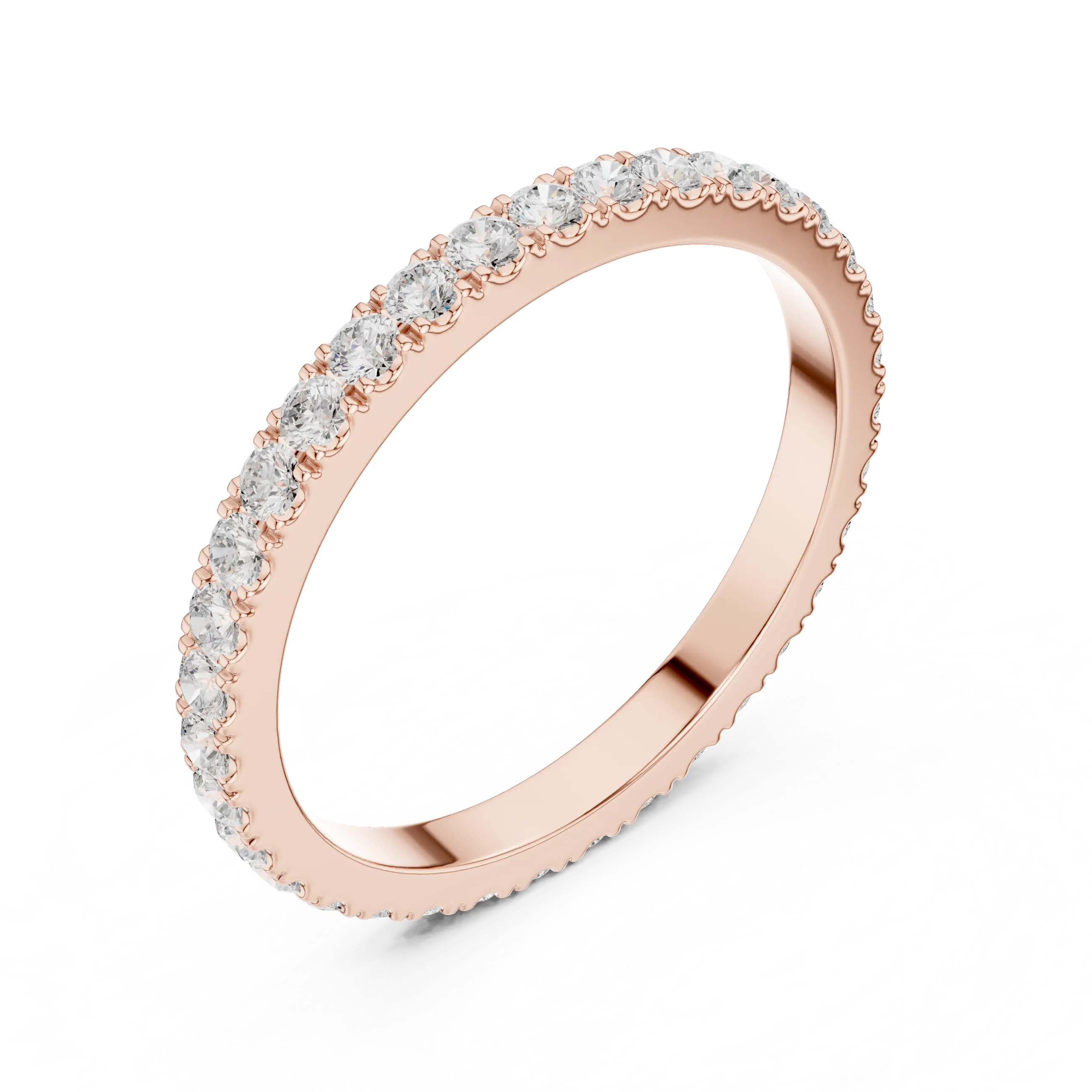 Angle View: Round Diamond Ring with Shared Prong Setting in 14k Rose Gold – Lab Grown – Driona Jewels
