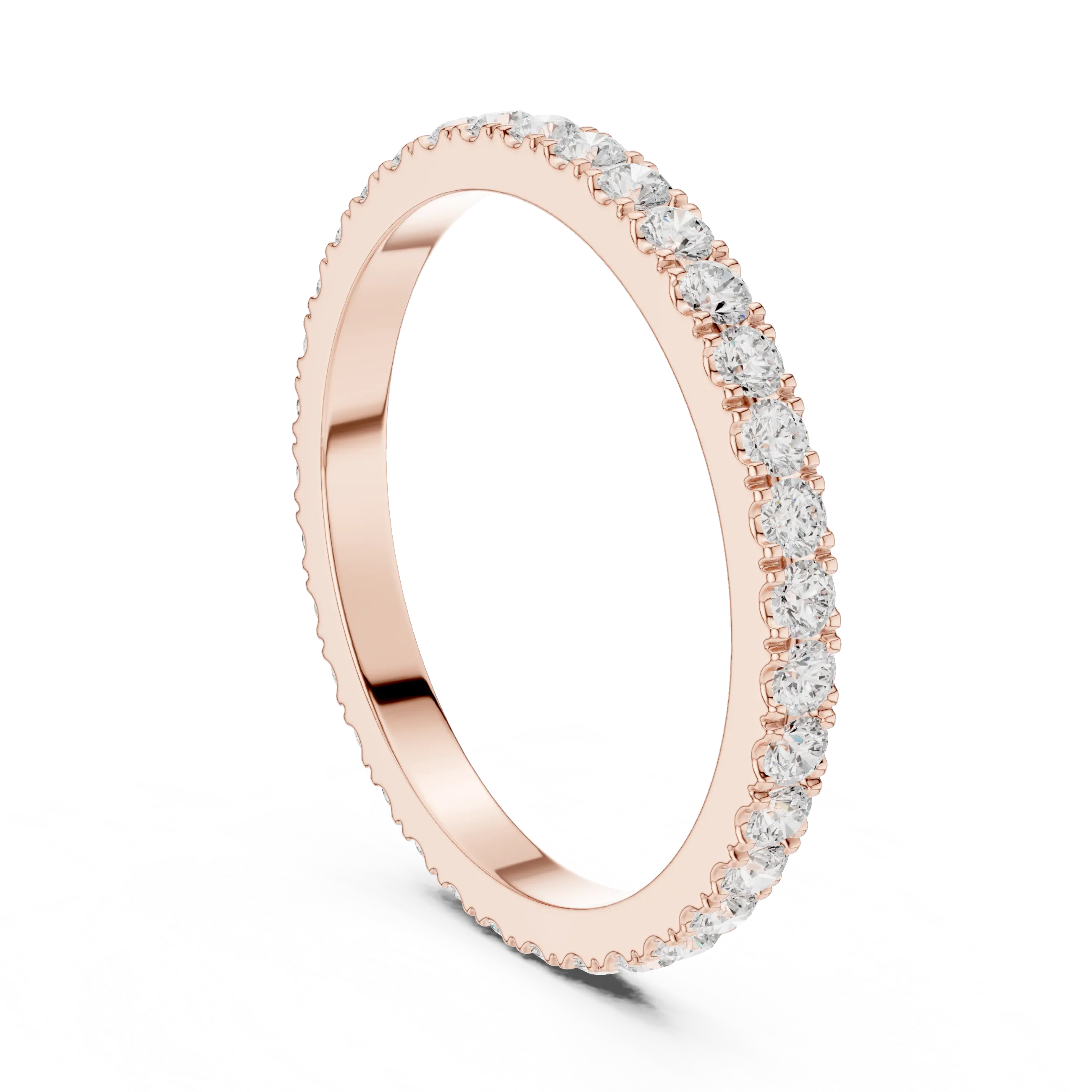Angled view: Round Diamond Ring with Shared-Prong Setting in Rose Gold – Lab Grown – Driona Jewels
