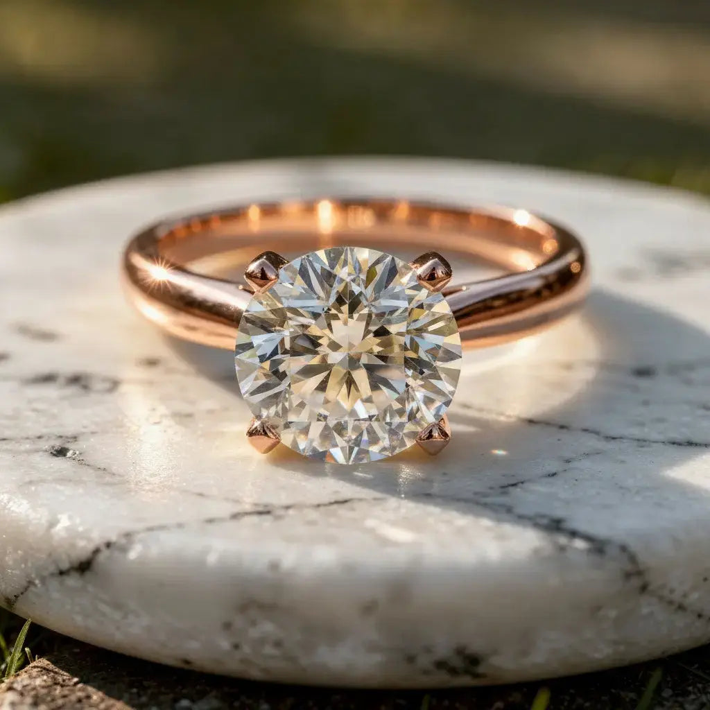 Front-view: Round Diamond Engagement Ring with Solitaire Setting in 14k Rose Gold - Lab Grown - Driona Jewels