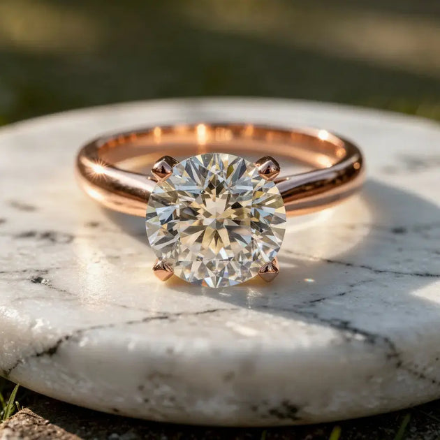 Front-view: Round Diamond Engagement Ring with Solitaire Setting in 14k Rose Gold - Lab Grown - Driona Jewels