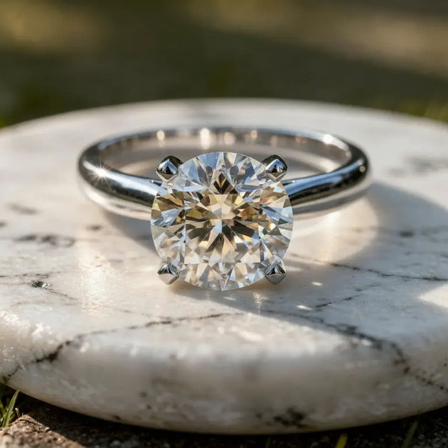 Front-view: Round Diamond Engagement Ring with Solitaire Setting in 14k White Gold - Lab Grown - Driona Jewels