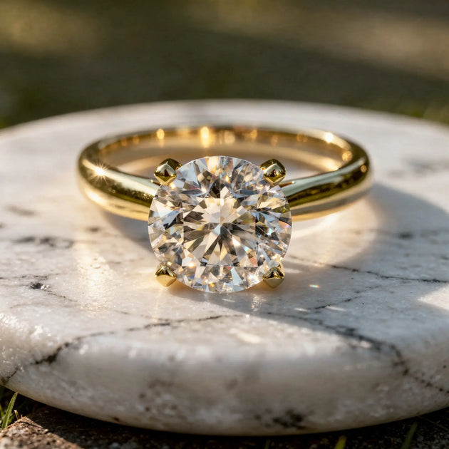 Close-up: Round Diamond Engagement Ring with Solitaire Setting in 14k Yellow Gold - Lab Grown - Driona Jewels