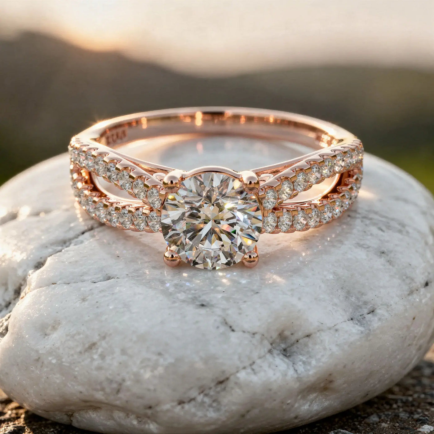 Close-up: Round Diamond Engagement Ring with Split Shank Setting in 14k Rose Gold - Lab Grown - Driona Jewels