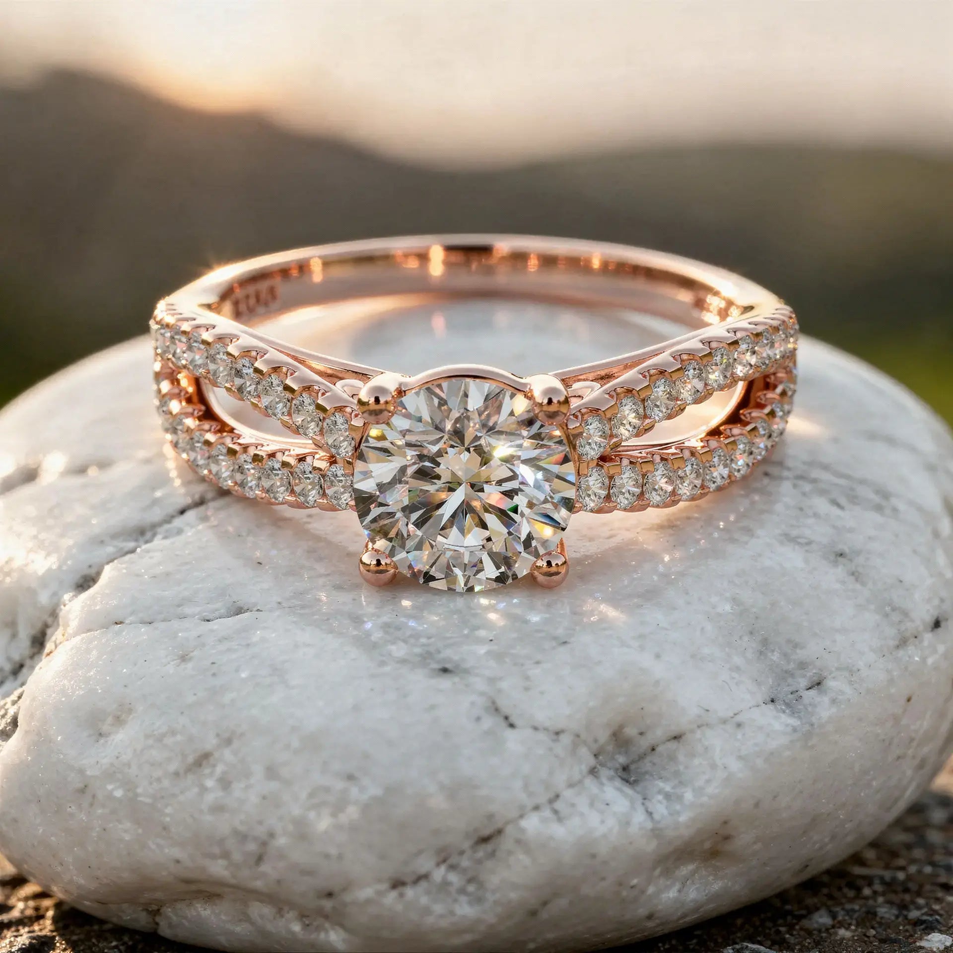 Close-up: Round Diamond Engagement Ring with Split Shank Setting in 14k Rose Gold - Lab Grown - Driona Jewels