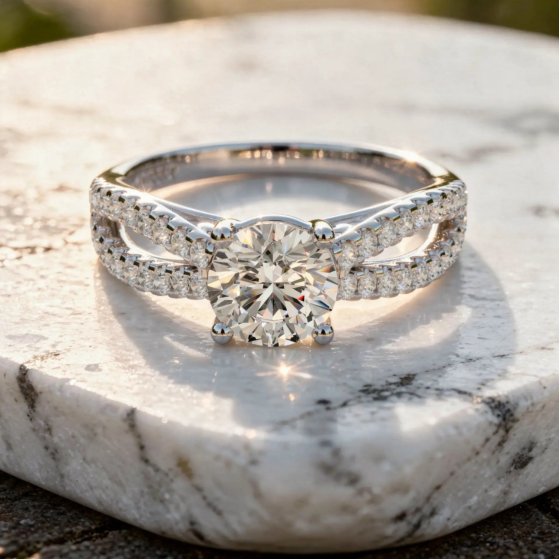 Close-up: Round Diamond Engagement Ring with Split Shank Setting in 14k White Gold - Lab Grown - Driona Jewels