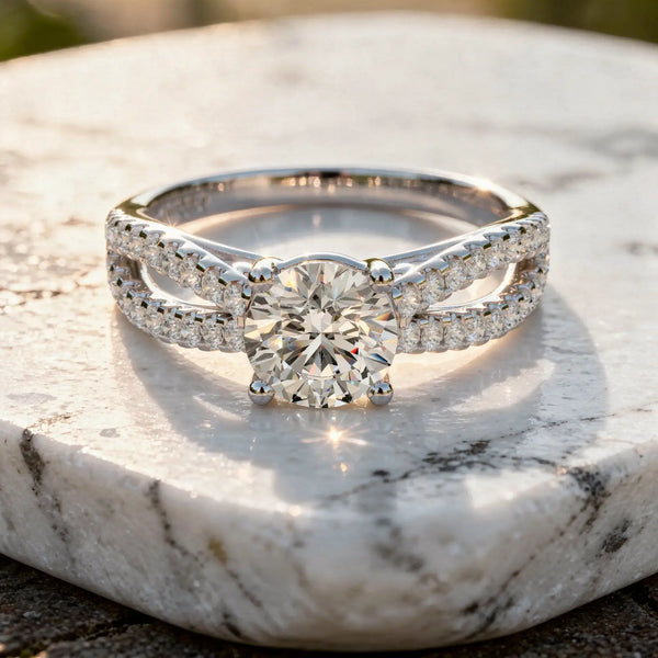 Close-up: Round Diamond Engagement Ring with Split Shank Setting in 14k White Gold - Lab Grown - Driona Jewels