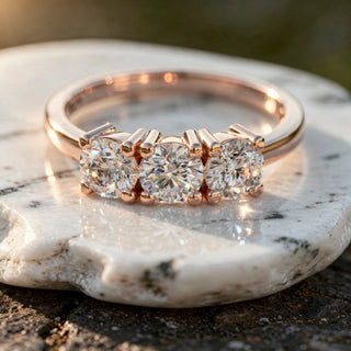 Close-up: Round Diamond Ring with Three Stone Setting in 14k Rose Gold - Lab Grown - Driona Jewels