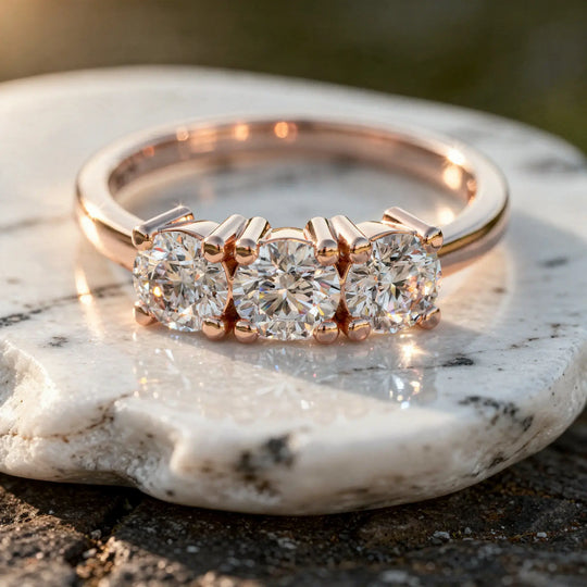 Close-up: Round Diamond Ring with Three Stone Setting in 14k Rose Gold - Lab Grown - Driona Jewels
