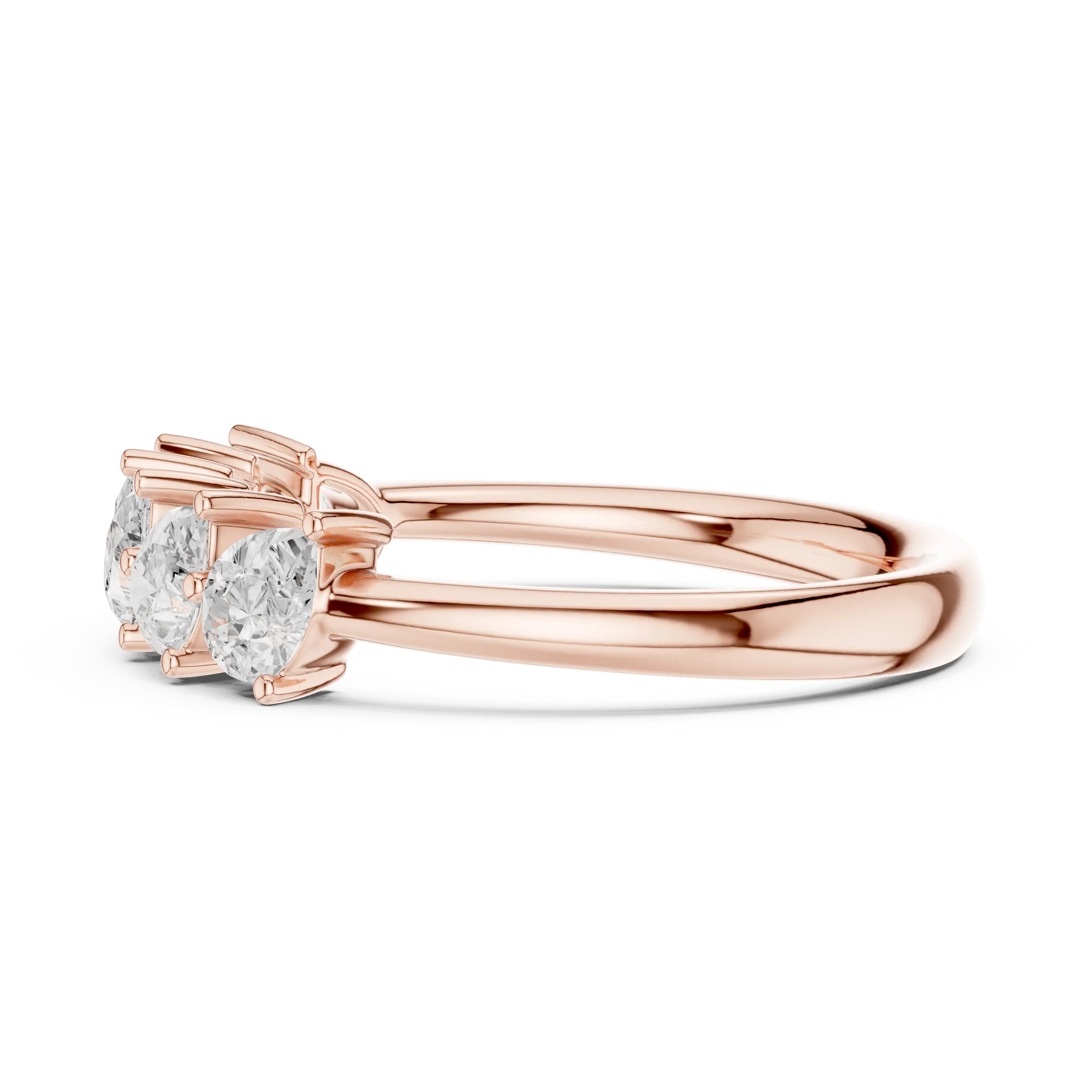 Side-Profile: Round Diamond Ring with Three-Stone Setting in 14k Rose Gold - Lab Grown - Driona Jewels
