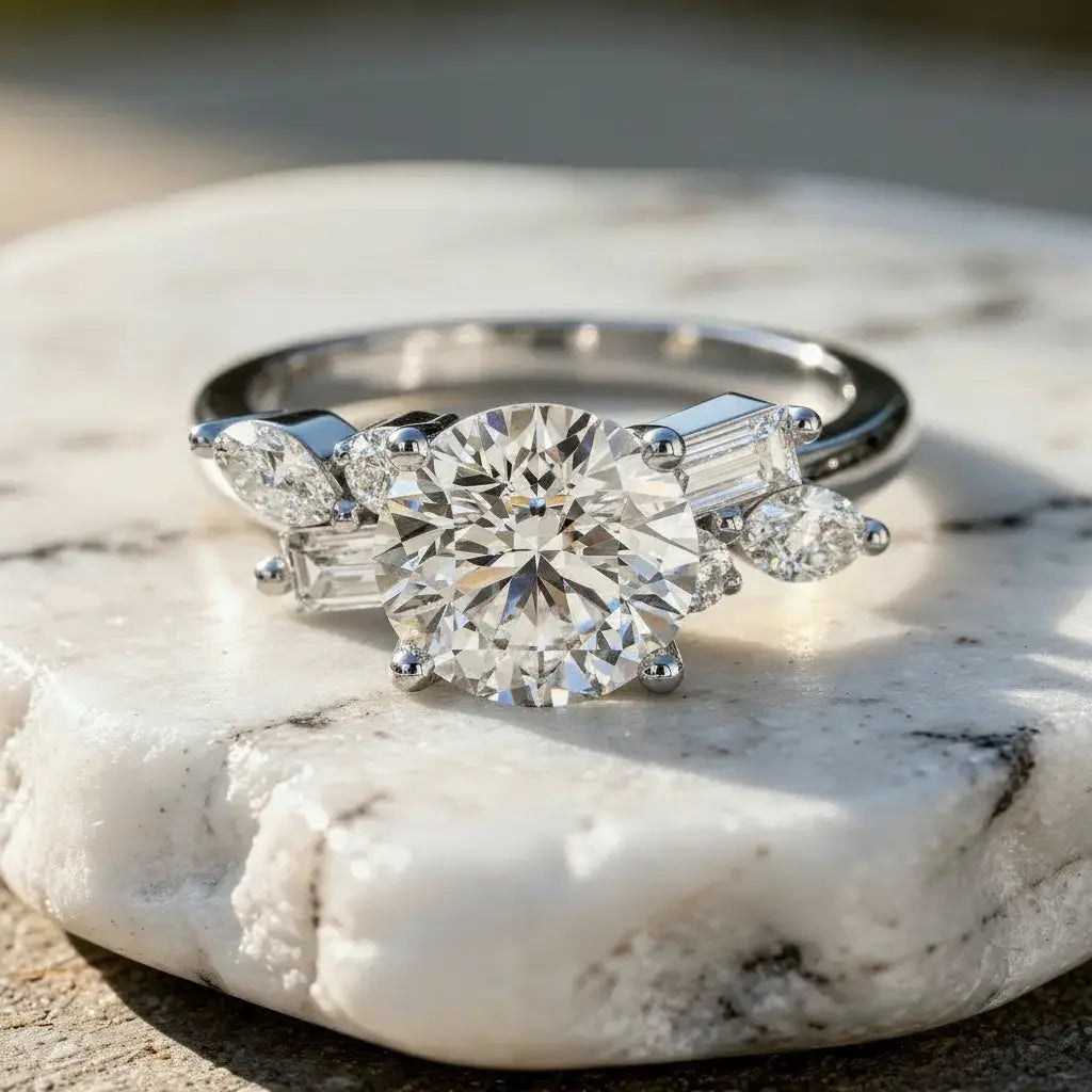 Close-up: Round Diamond Ring with Three Stone Setting in 14k White Gold - Lab Grown - Driona Jewels
