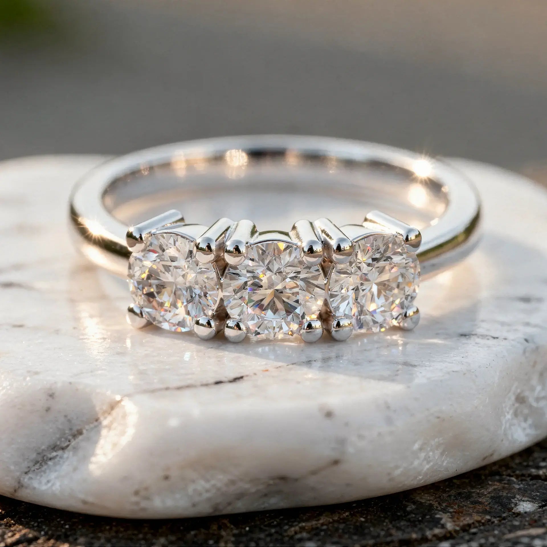 Close-up: Round Diamond Three Stone with Three-Stone Setting in 14k White Gold - Lab Grown - Driona Jewels