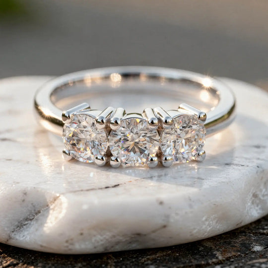 Close-up: Round Diamond Three Stone with Three-Stone Setting in 14k White Gold - Lab Grown - Driona Jewels