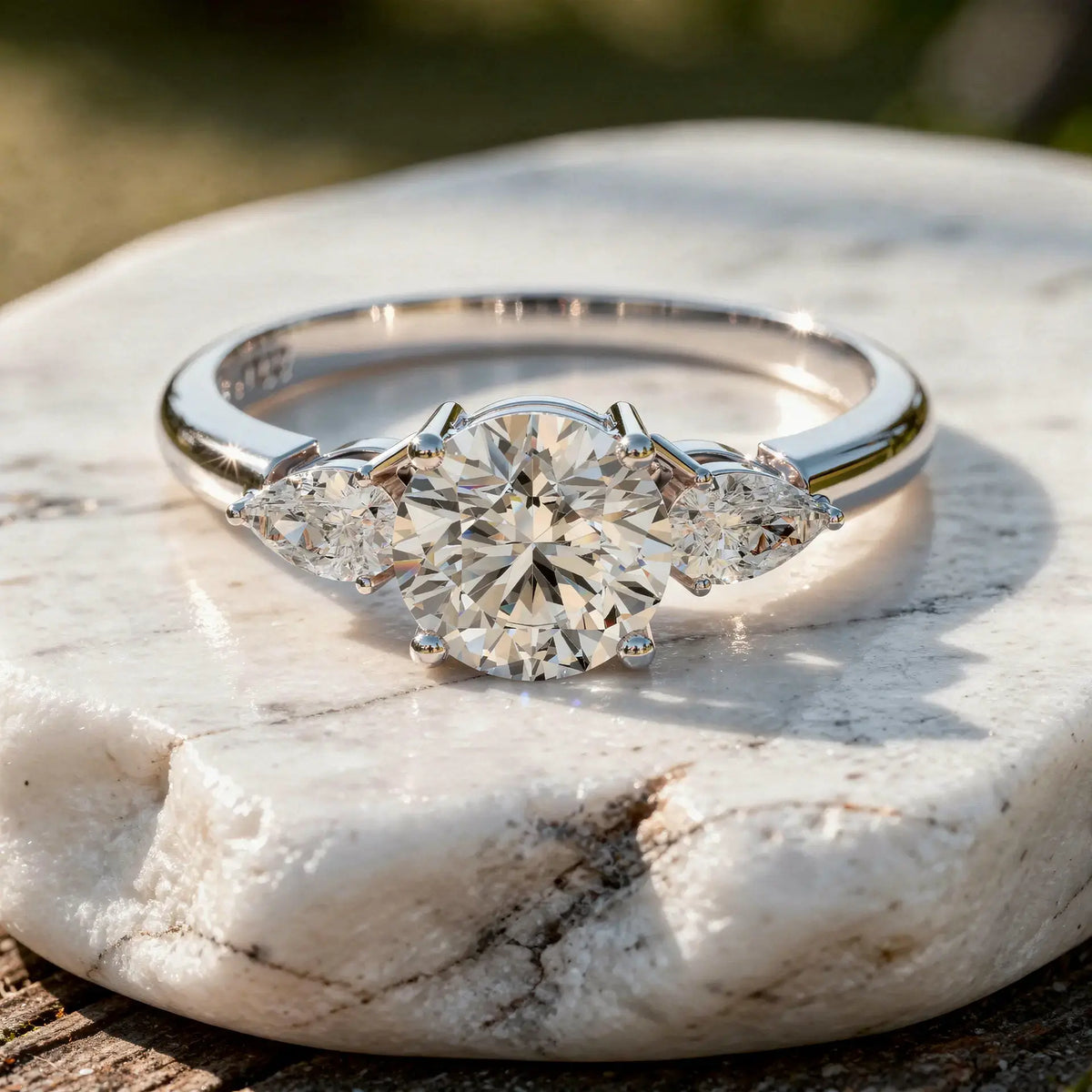 Close-up: Round Diamond Ring with Three Stone Setting in 14k White Gold - Lab Grown - Driona Jewels