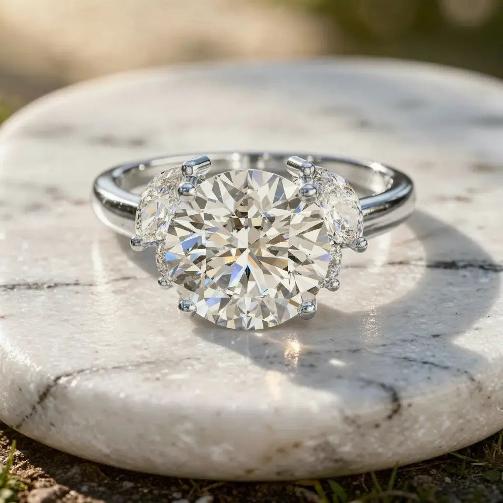 Flat Lay: Round Diamond Engagement Ring with Three Stone Setting in 14k White Gold - Lab Grown - Driona Jewels