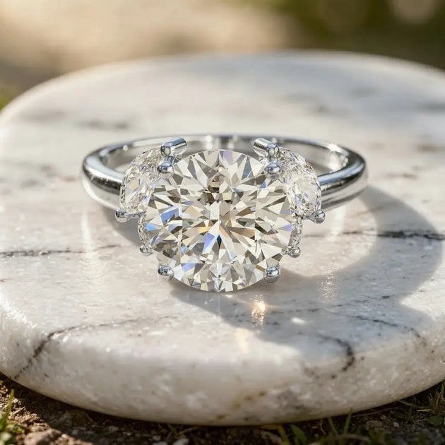 Flat Lay: Round Diamond Engagement Ring with Three Stone Setting in 14k White Gold - Lab Grown - Driona Jewels