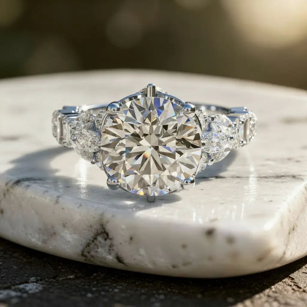 Front-view: Round Diamond Engagement Ring with Three-Stone Setting in 14k White Gold - Lab Grown - Driona Jewels