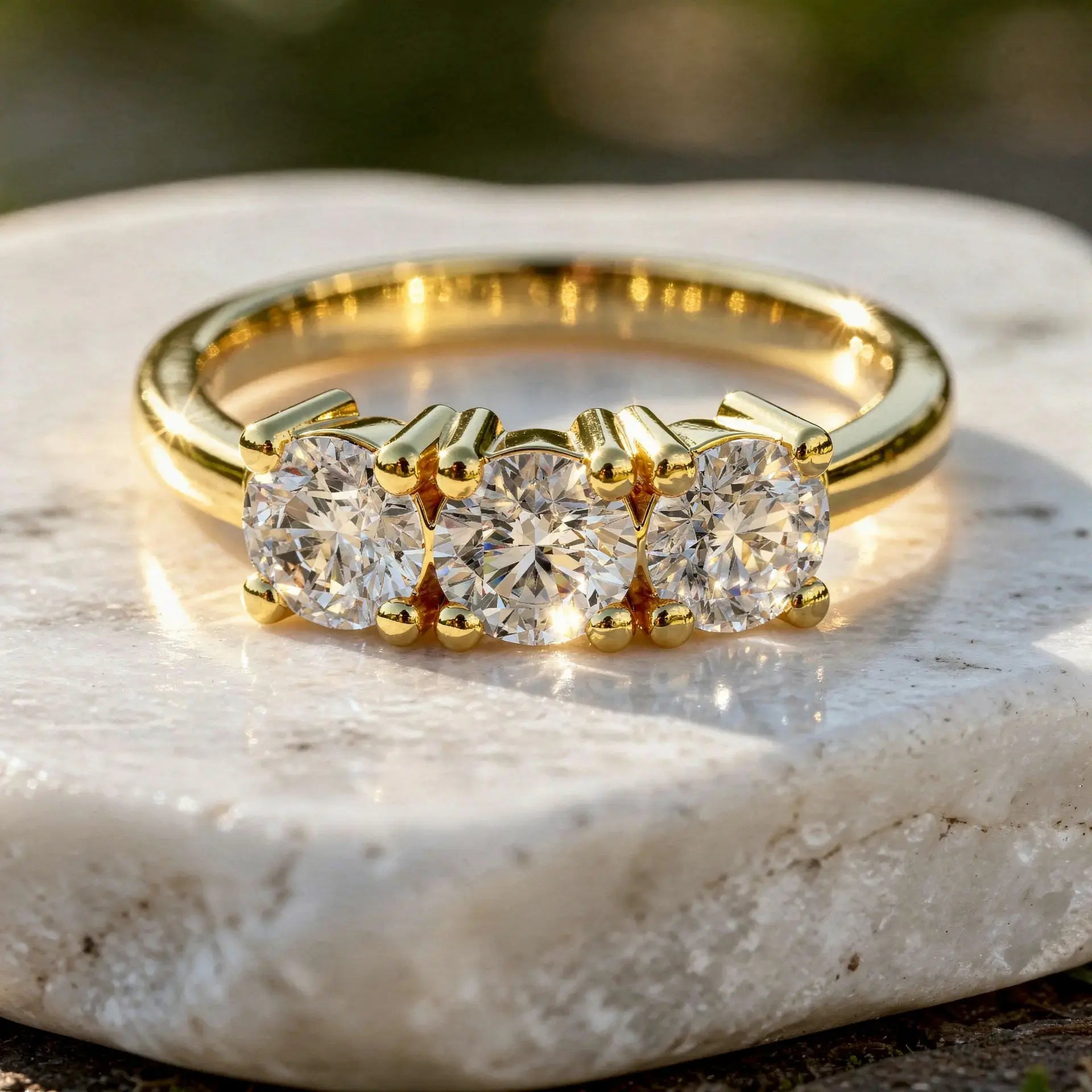 Close-up: Round Diamond Ring with Three Stone Setting in 14k Yellow Gold - Lab Grown - Driona Jewels