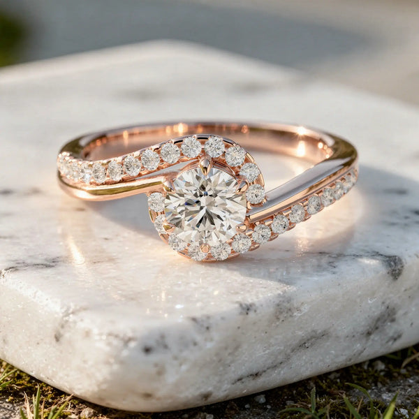 Close-up: Round Diamond Engagement Ring with Twist Setting in 14k Rose Gold - Lab Grown - Driona Jewels