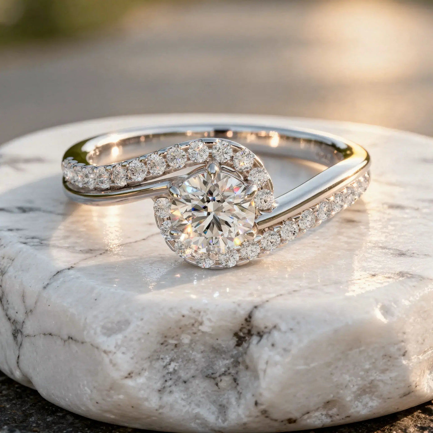 Close-up: Round Diamond Engagement Ring with Twist Setting in 14k White Gold - Lab Grown - Driona Jewels
