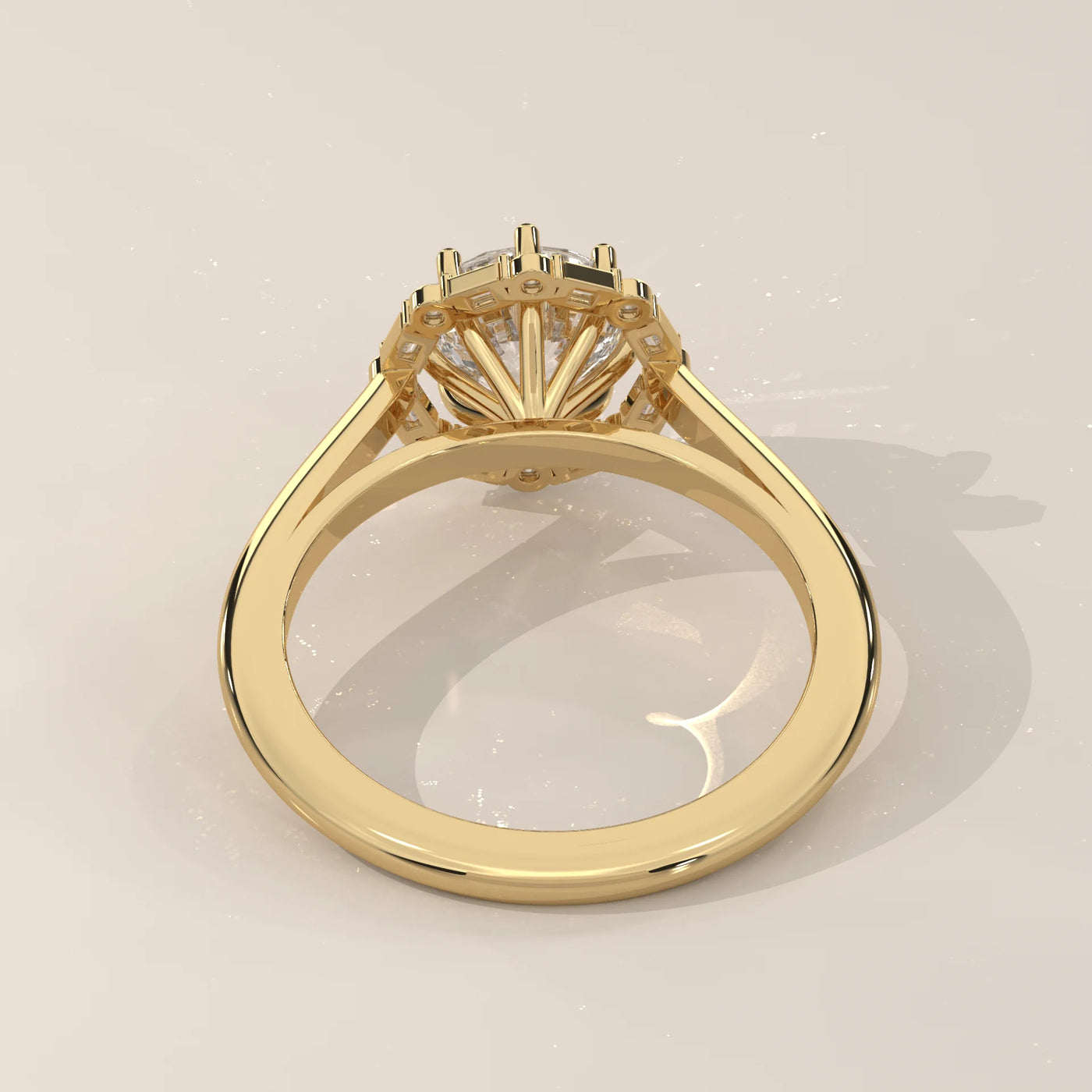 Gold engagement ring with a round diamond and halo setting.