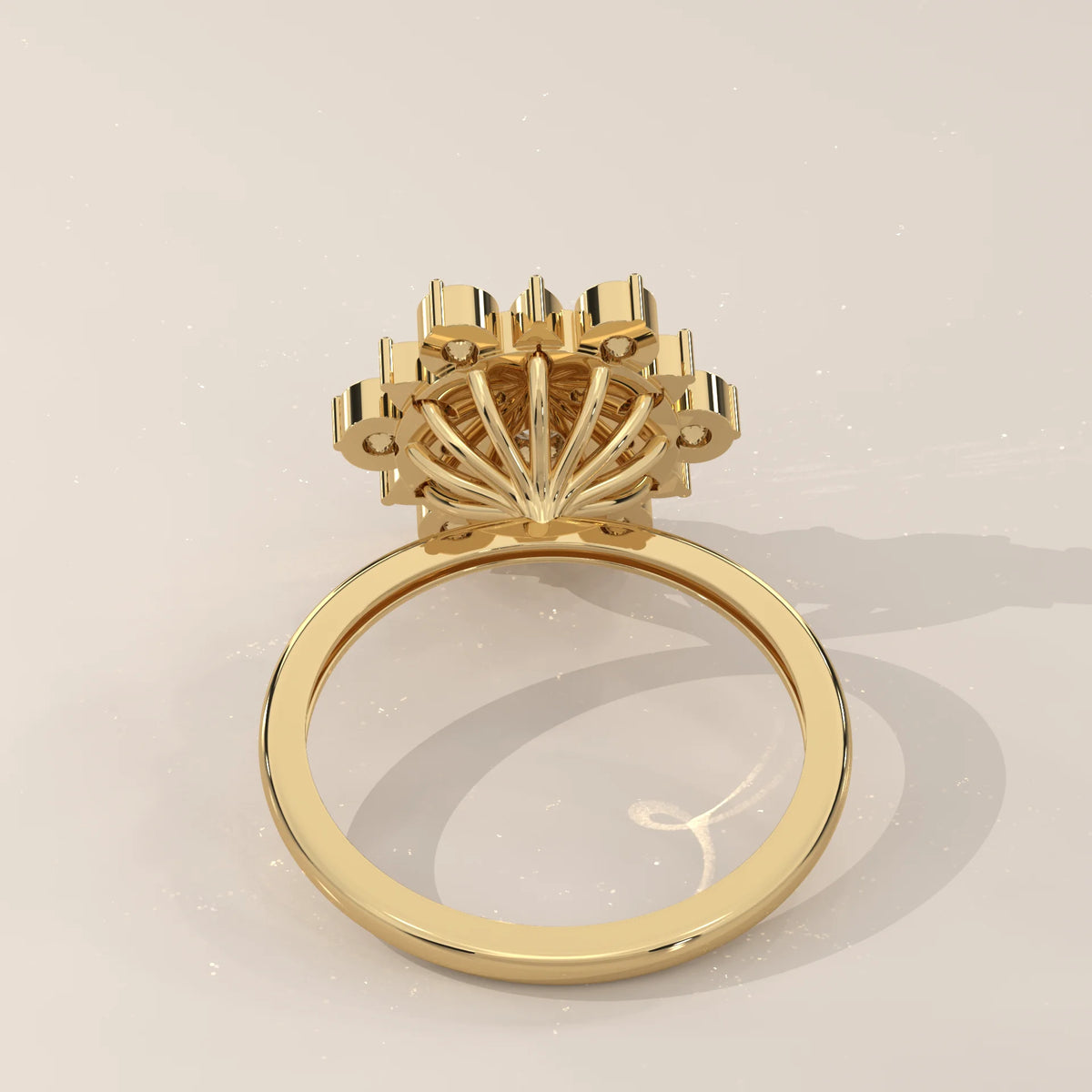 Round Lab Grown Diamond Flower Cluster Ring with Marquise Petals in yellow gold, shown on a plain background.