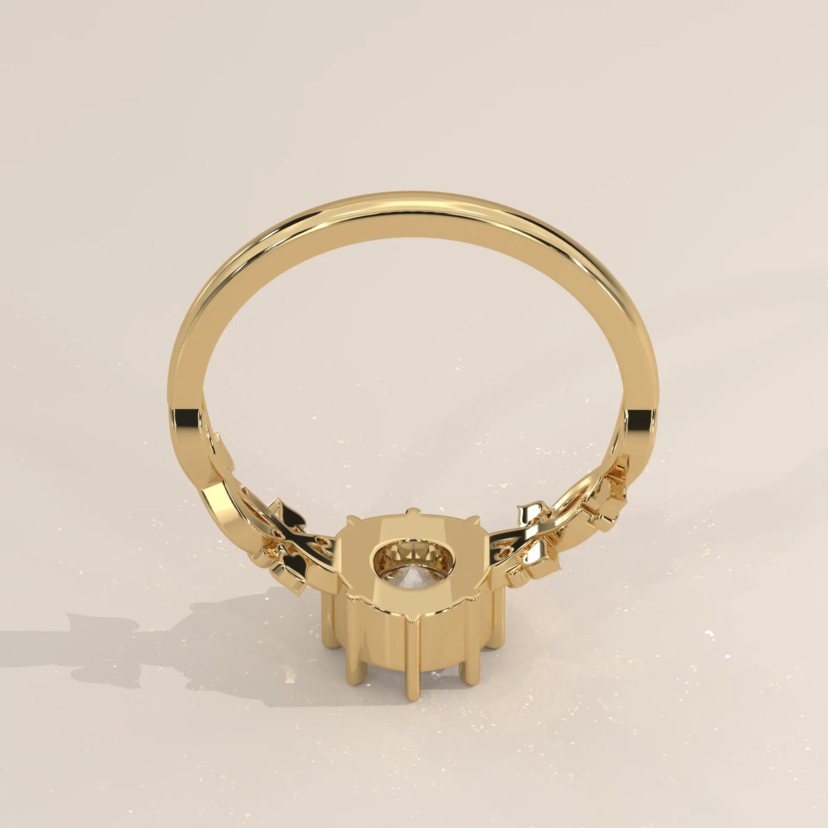Round Lab Grown Diamond Vine Ring with Leaf Details and Accents in yellow gold, photographed from the side.