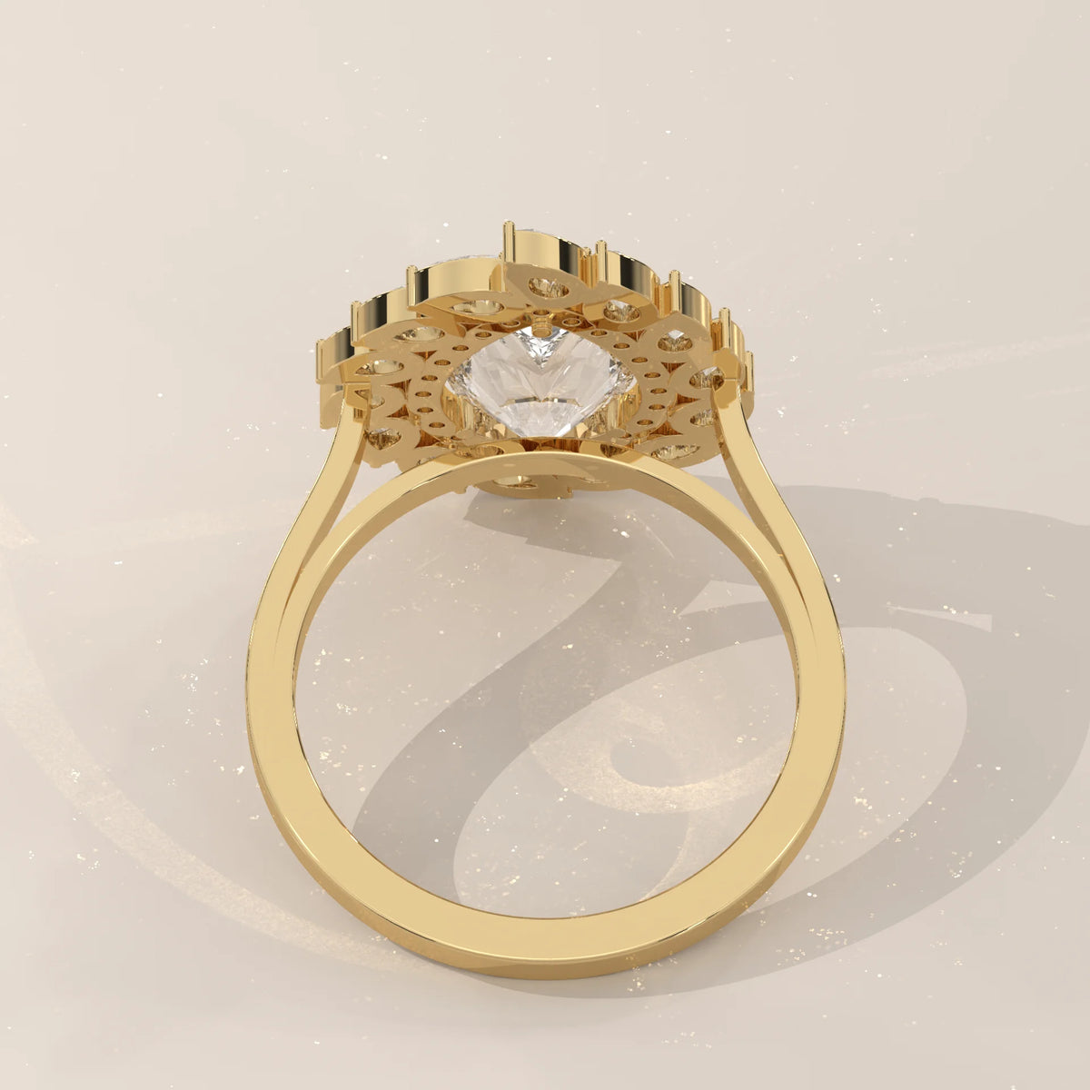 Pear Lab Grown Diamond Double Halo Ring with Pear Petal Outer Frame in yellow gold, front view on a plain background.