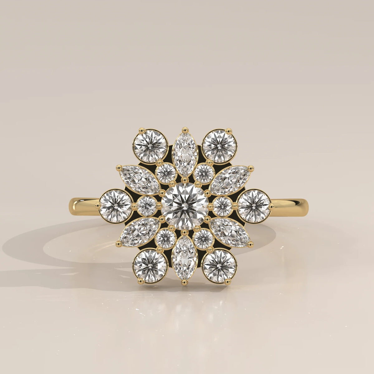Round Lab Grown Diamond Flower Cluster Ring with Marquise Petals in yellow gold, photographed head-on.