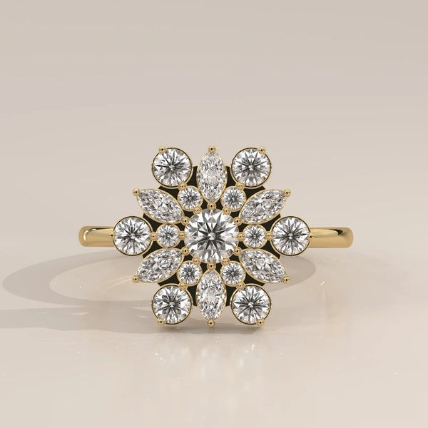 Round Lab Grown Diamond Flower Cluster Ring with Marquise Petals in yellow gold, photographed head-on.