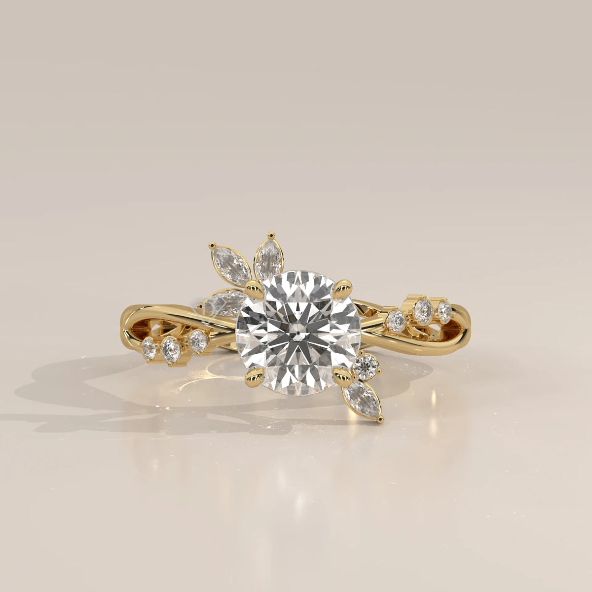A delicate 14k gold ring featuring a round brilliant cut center stone with floral accents.