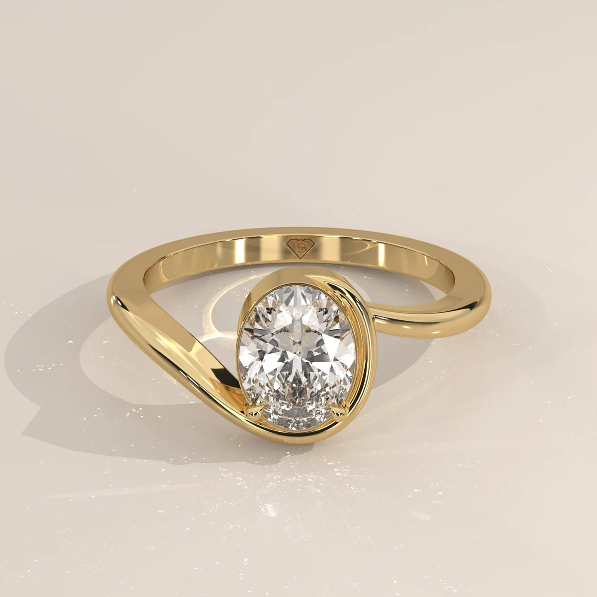Oval Lab Grown Diamond Bypass Solitaire with Wraparound Rim in yellow gold, shown from the front.