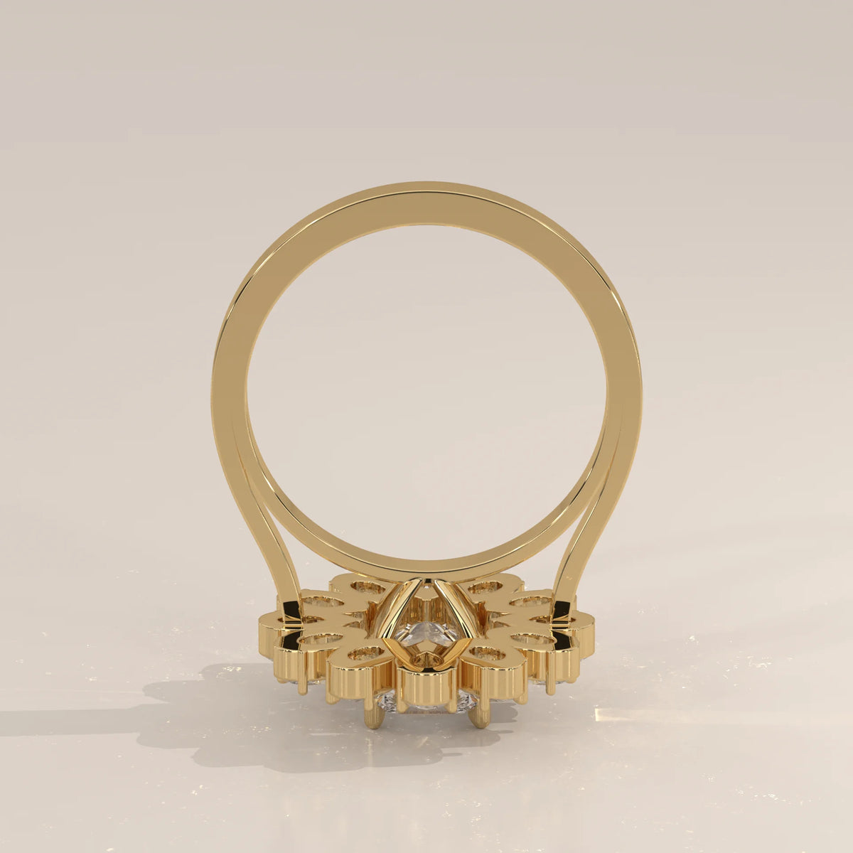 Square Emerald Cut Lab Grown Diamond Flower Cluster Ring in yellow gold, side profile view.