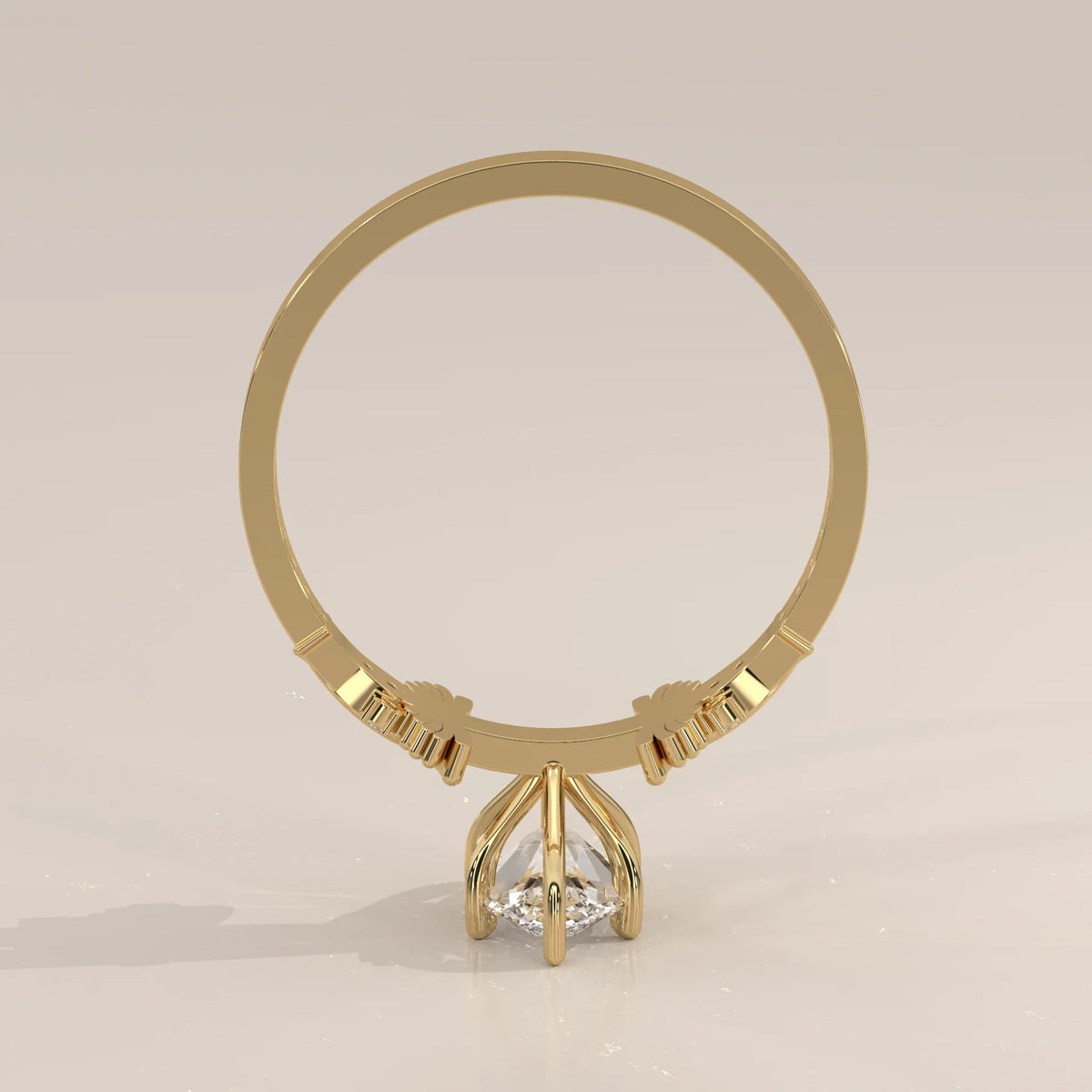 Side view of a classic 14k gold solitaire ring with a diamond.