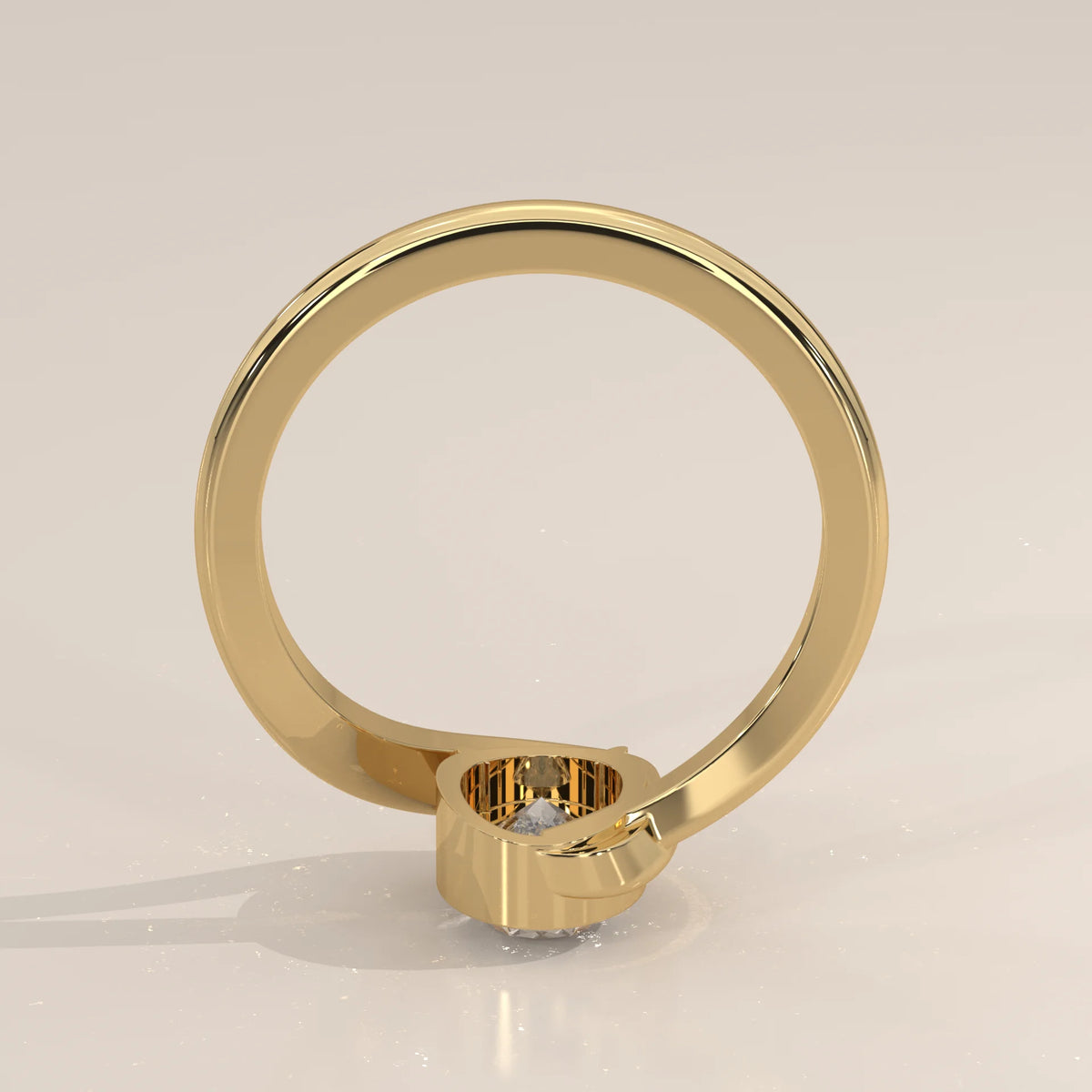 Oval Lab Grown Diamond Bypass Solitaire with Wraparound Rim in yellow gold, side profile view.