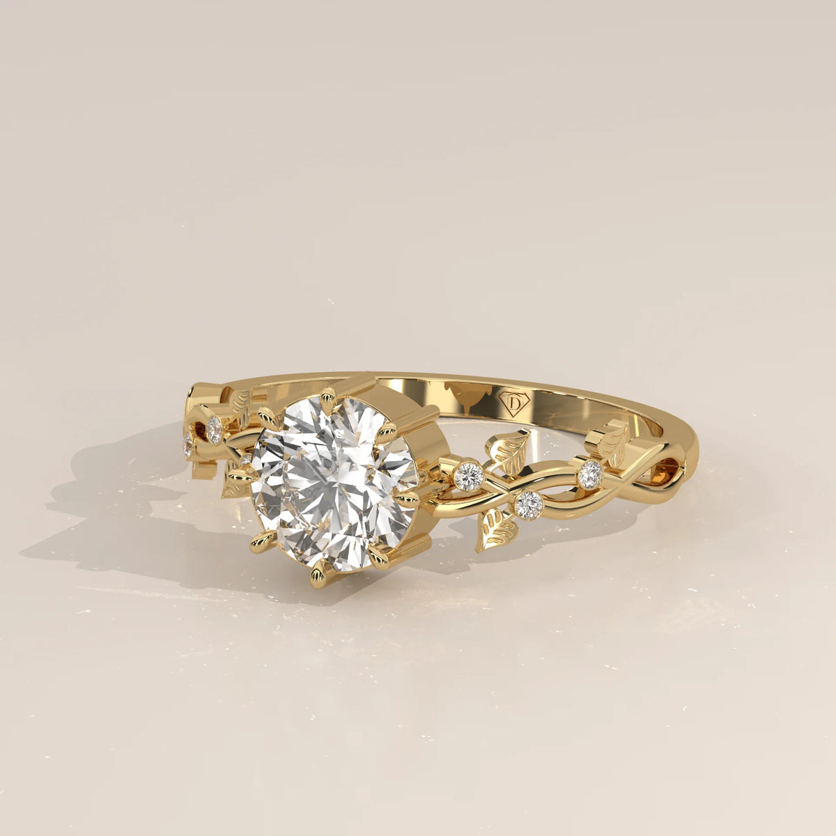 Round Lab Grown Diamond Vine Ring with Leaf Details and Accents in yellow gold, shown from the side.