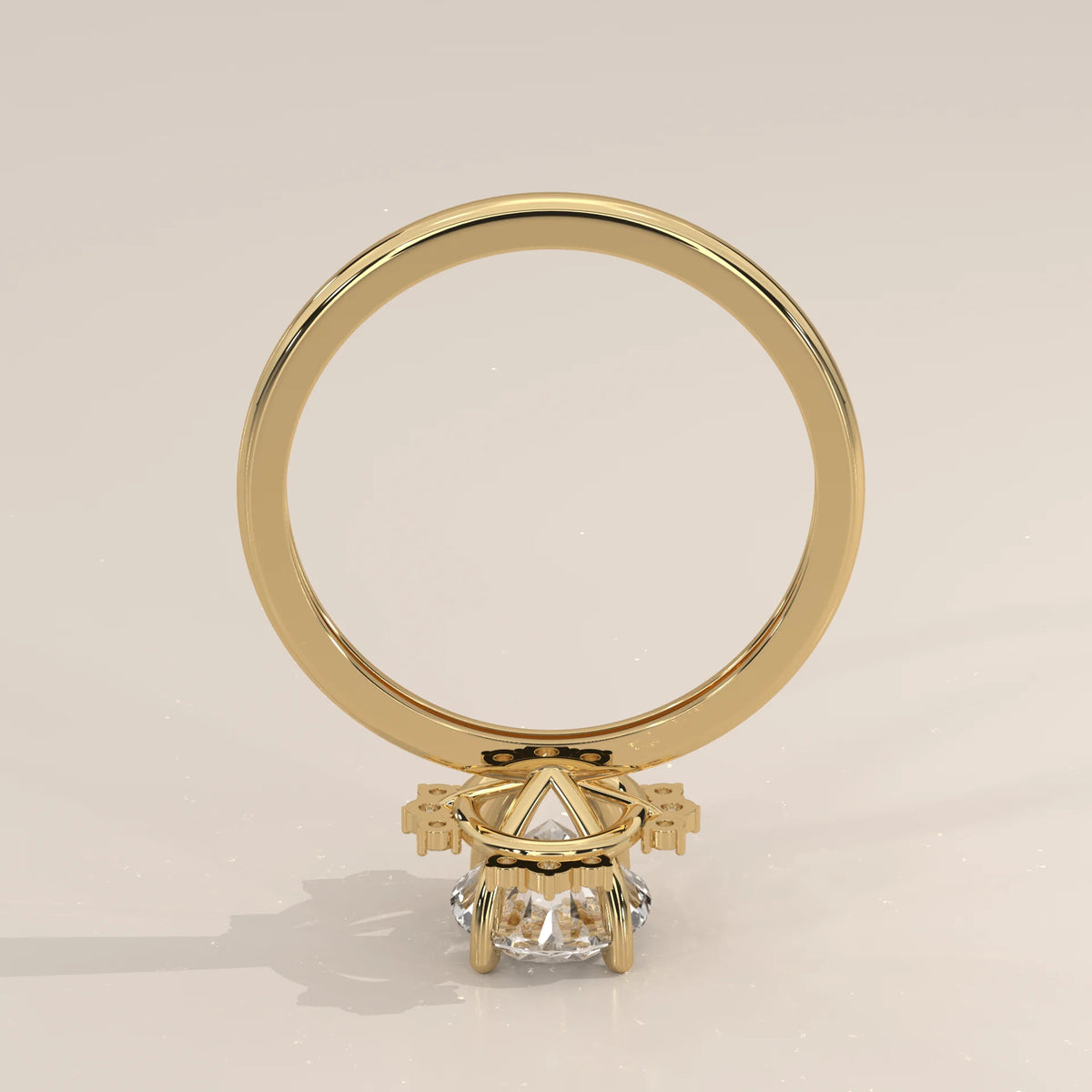 Oval Lab Grown Diamond Ring with Crown Style Partial Halo in yellow gold, side profile view.