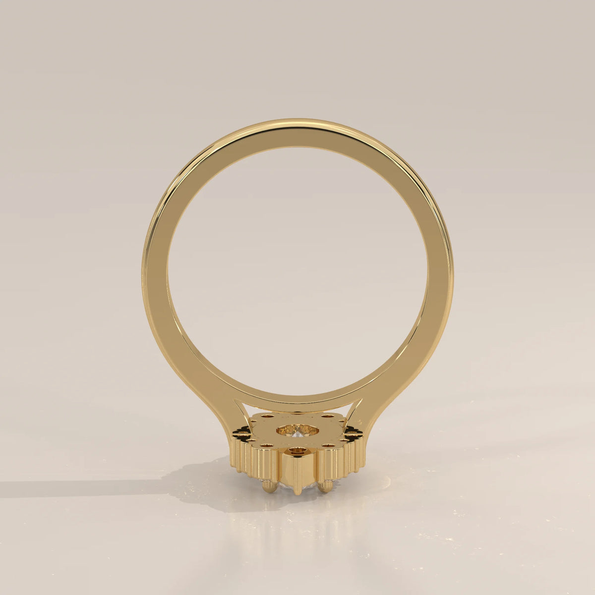 Oval Lab Grown Diamond Halo Ring with Pear Tips at Top and Base in yellow gold, shown from the side.