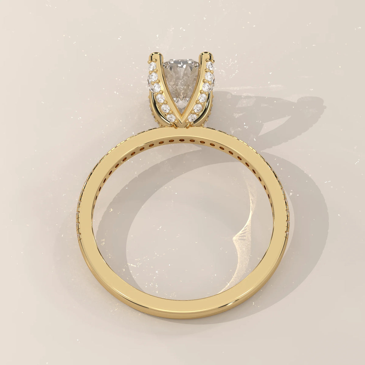 Oval Lab Grown Diamond Pave Band Ring with Hidden Halo in yellow gold, shown on a plain background.