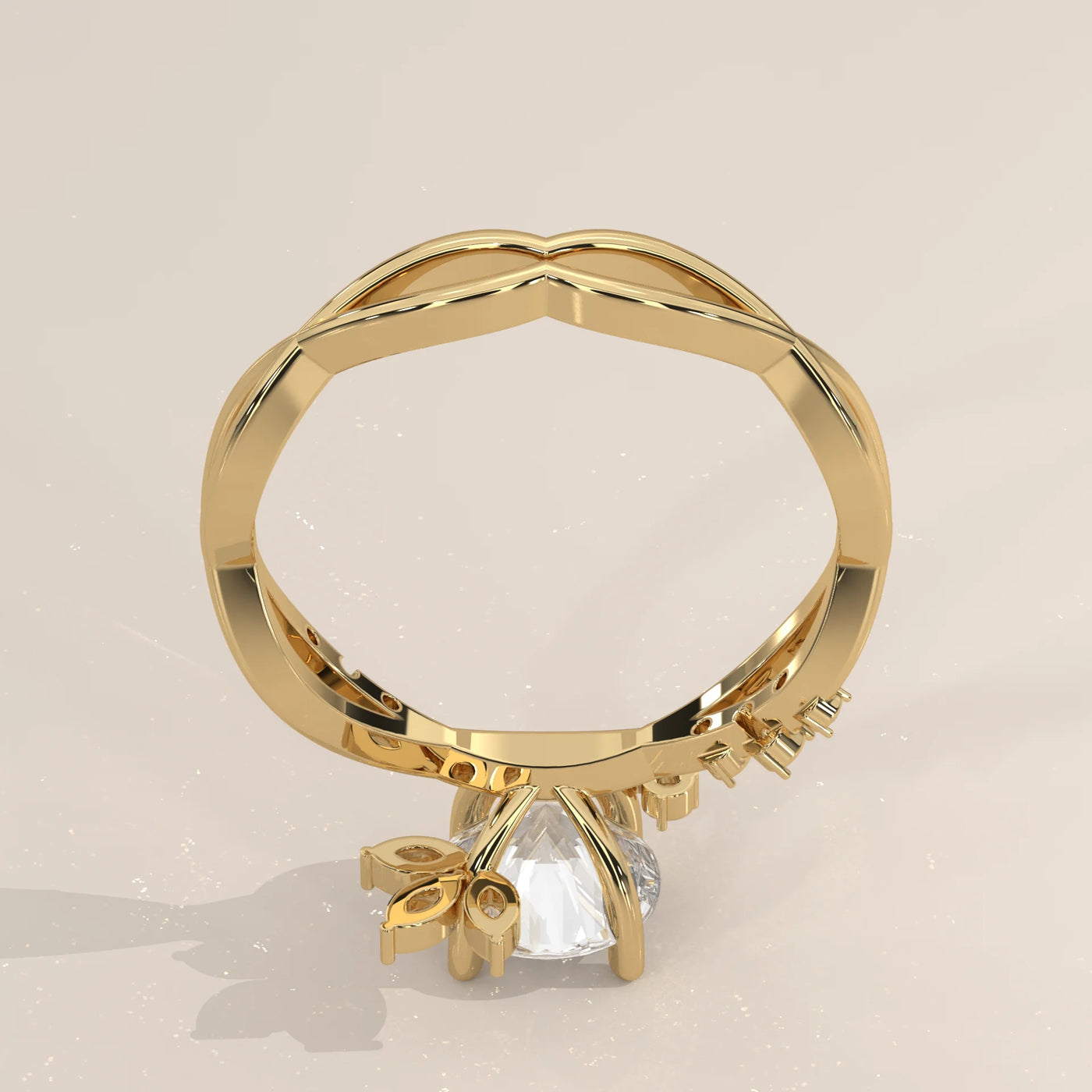 A classic 18k gold ring with a central diamond and smaller diamonds on the band.