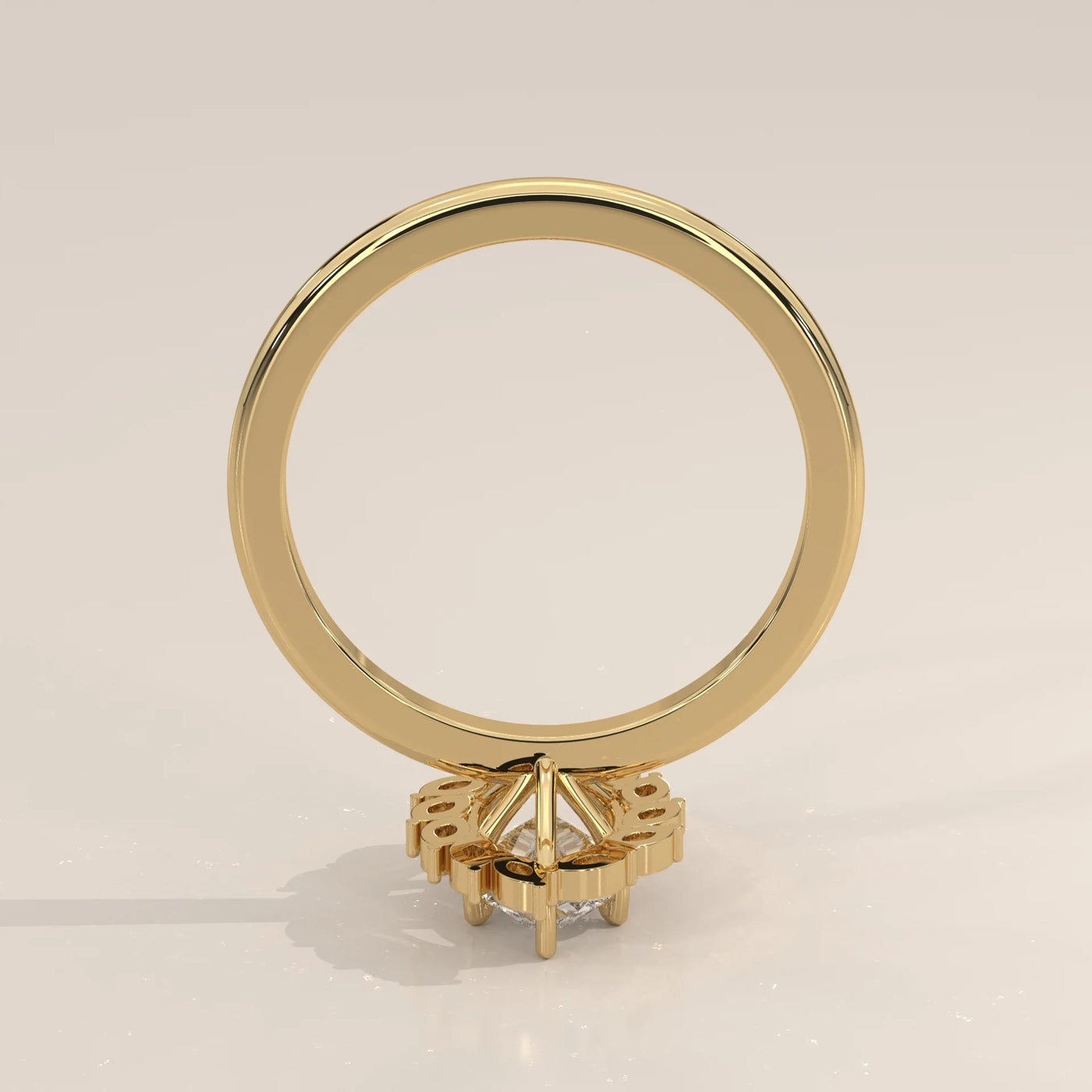 A classic gold ring with a solitaire diamond at the center. Side view.