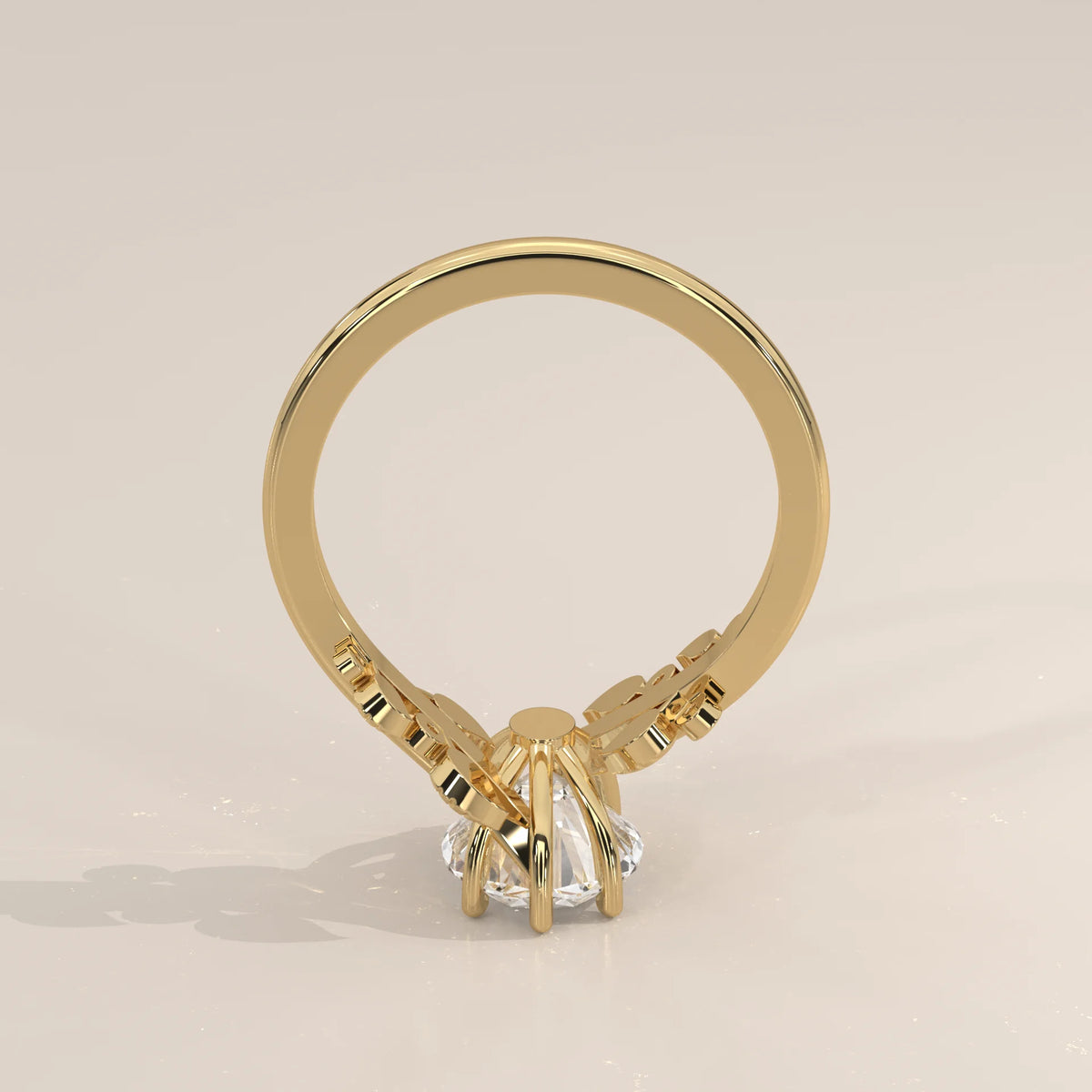 A yellow gold ring with a clear solitaire diamond, viewed from the side.