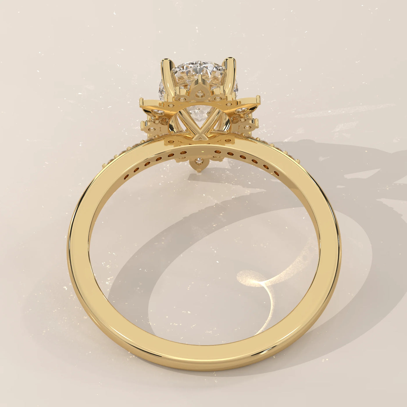 A detailed view of a 14k yellow gold ring with a prominent diamond.