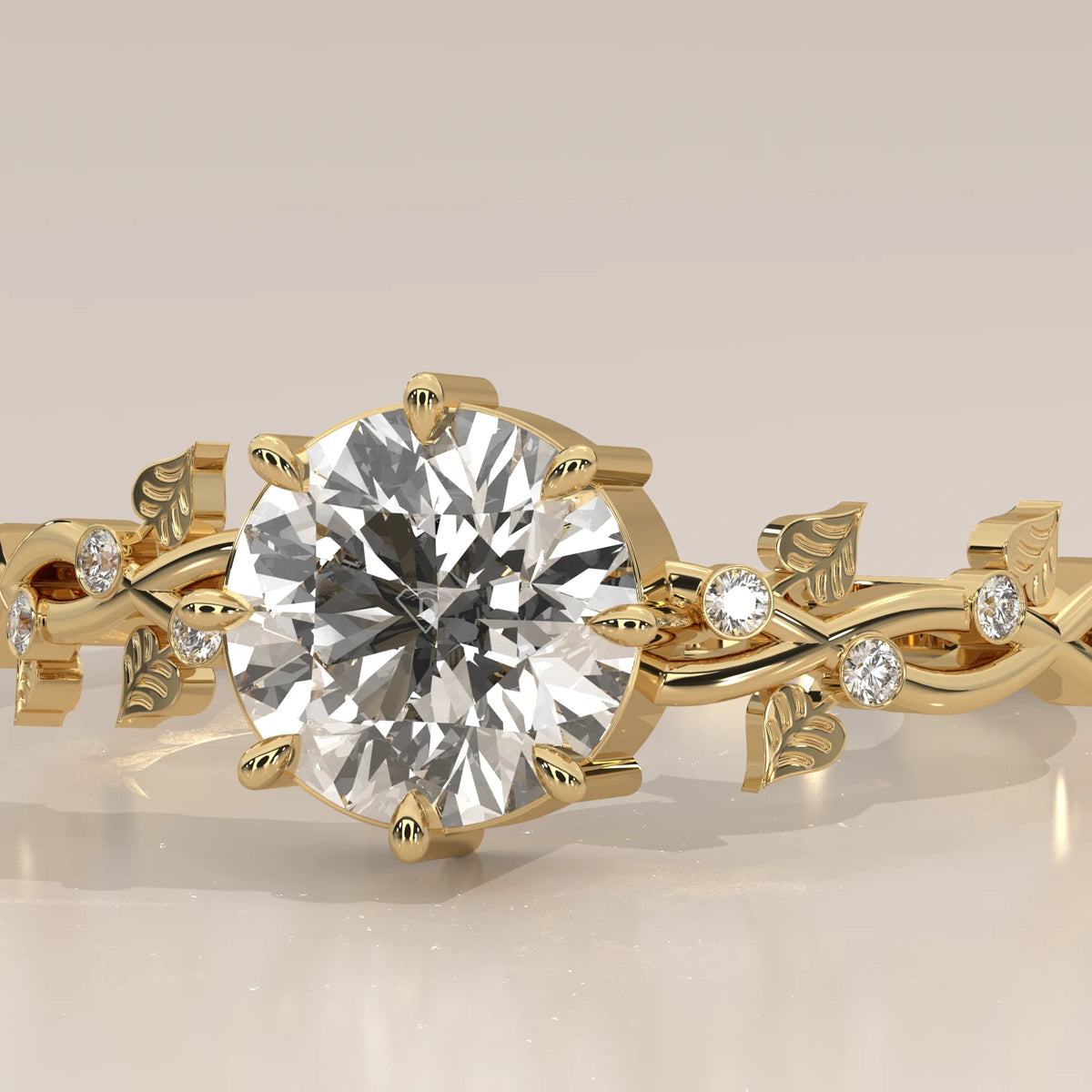 Round Lab Grown Diamond Vine Ring with Leaf Details and Accents in yellow gold, front view on a plain background.