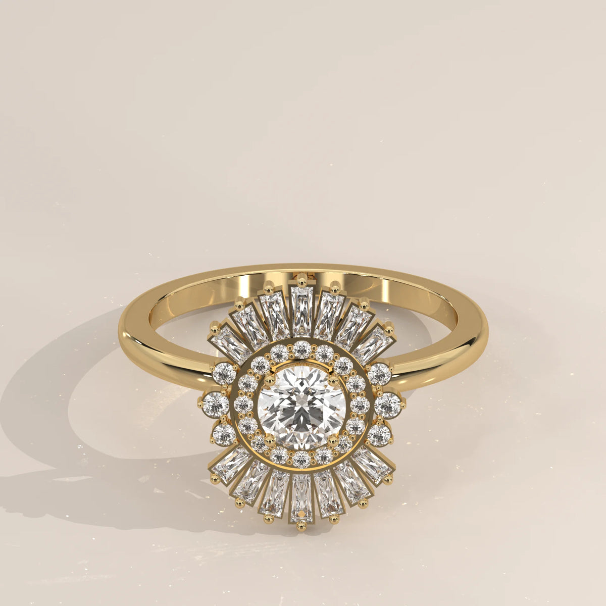 A dazzling round-cut diamond engagement ring with a sunburst halo.