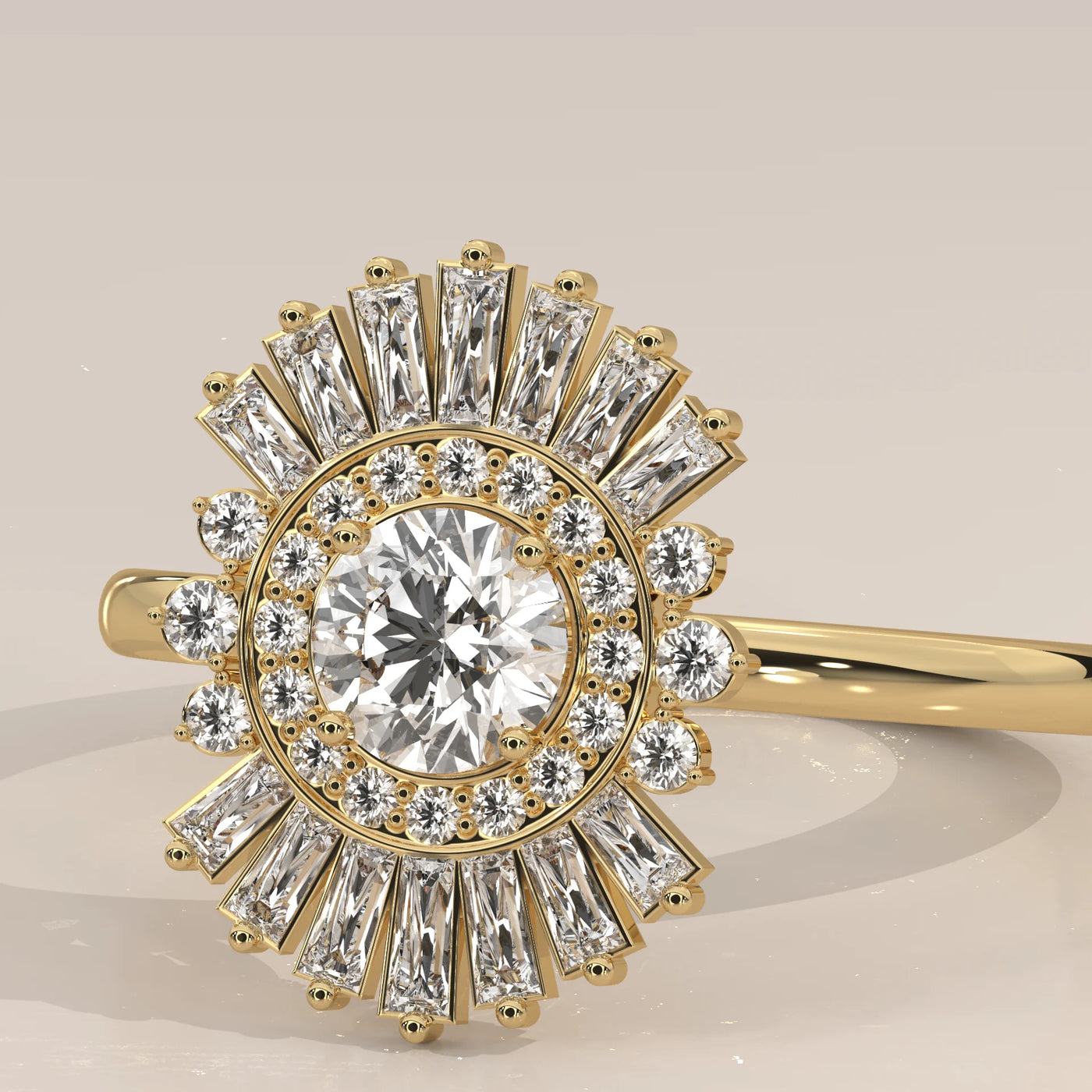A dazzling round-cut diamond engagement ring with a sunburst halo.