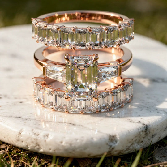 Flat Lay: Emerald Cut Diamond Wedding Band with Pave Setting in 14k Rose Gold - Lab Grown - Driona Jewels